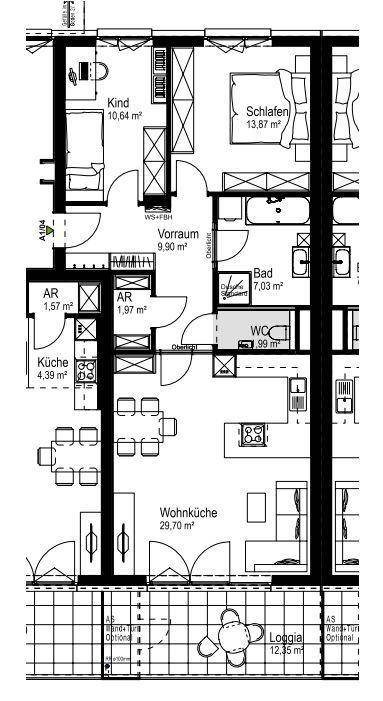Detaillierter Grundriss einer Wohnung mit offener Wohnküche, zwei Schlafzimmern und einer Loggia.