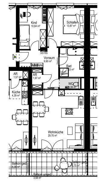 Grundriss einer Wohnung mit offener Wohnküche, zwei Schlafzimmern und großem Balkon.