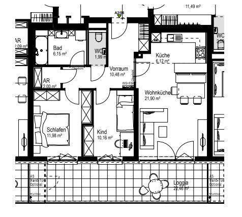 Grundriss einer Wohnung mit separatem WC, zwei Schlafzimmern und einer Loggia.
