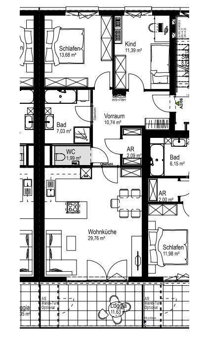 Grundriss einer Wohnung mit drei Schlafzimmern, zwei Bädern und Loggia.