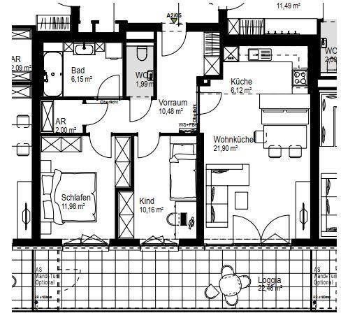 Detaillierter Grundriss einer Wohnung mit Loggia, Schlafzimmer und offener Wohnküche.