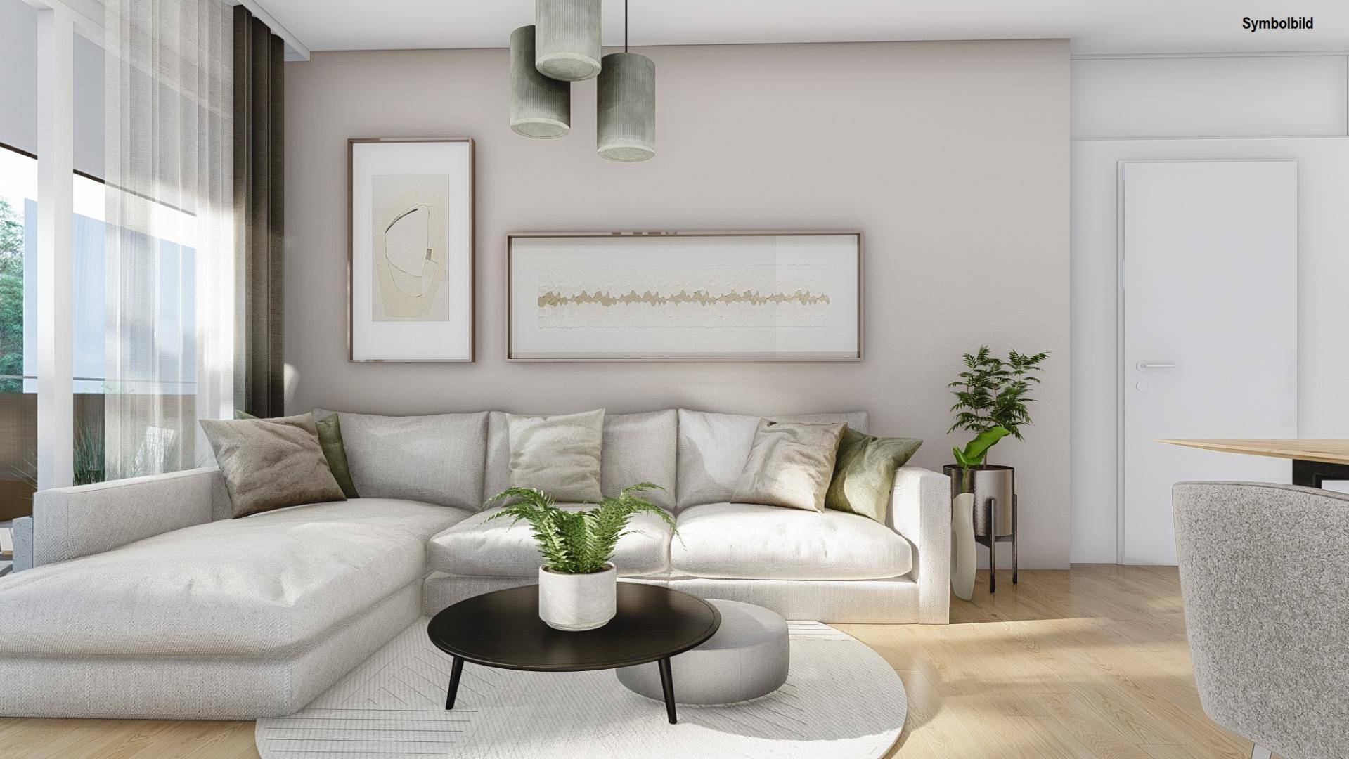 Gemütliches Wohnzimmer mit großem Ecksofa, modernen Bildern und viel Tageslicht.