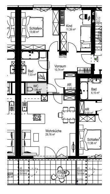Detaillierter Grundriss einer Wohnung mit mehreren Schlafzimmern, Bädern und einer Wohnküche.