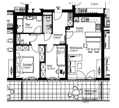 Grundriss einer Wohnung mit Wohnküche, zwei Schlafzimmern, Bad, separatem WC und Balkon.
