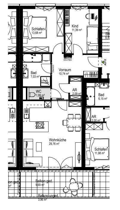 Detaillierter Grundriss einer Wohnung mit offener Wohnküche, zwei Bädern und Balkonzugang.