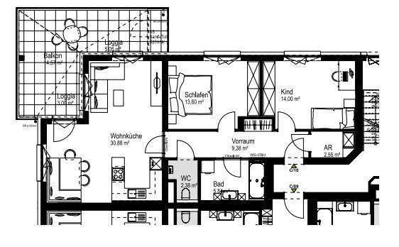 Grundriss einer Wohnung mit offener Wohnküche, zwei Schlafzimmern, Bad, WC und Balkon.