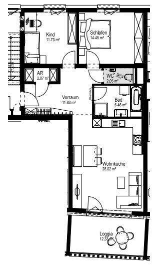 Grundriss einer Wohnung mit Wohnküche, Schlafzimmer, Kinderzimmer, Bad und Loggia.