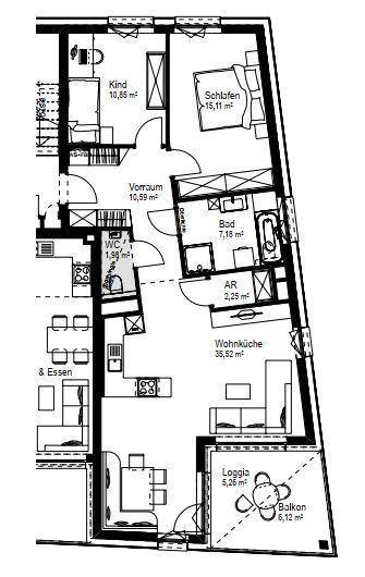 Grundriss einer Wohnung mit offenem Wohnbereich, Schlafzimmer, Kinderzimmer, Bad und Loggia.