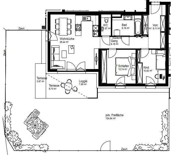 Grundriss einer Wohnung mit offener Wohnküche, zwei Terrassen und privater Freifläche.