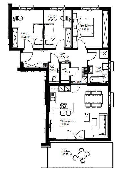 Grundriss einer Wohnung mit drei Schlafzimmern, offener Wohnküche und Balkon.