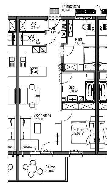 Grundriss einer Wohnung mit offener Wohnküche, zwei Schlafzimmern und einem Balkon.