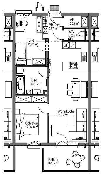 Grundriss einer Wohnung mit drei Zimmern, Balkon und separatem WC.