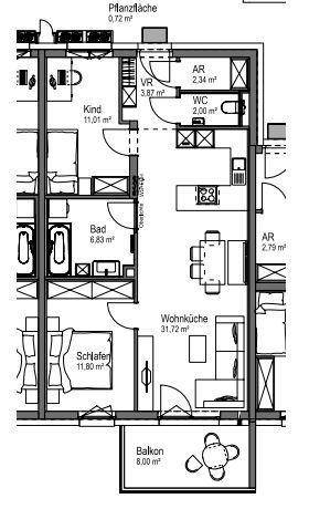 Grundriss einer Wohnung mit Wohnküche, Schlafzimmer, Kinderzimmer, Bad und Balkon.