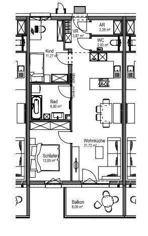 Detaillierter Grundriss einer Wohnung mit drei Zimmern, Balkon und separatem WC.
