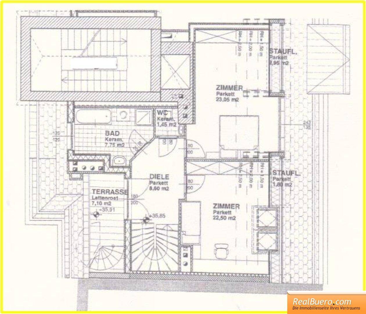 Grundriss der oberen Ebene mit zwei Schlafzimmern, Bad, Diele und Terrasse.