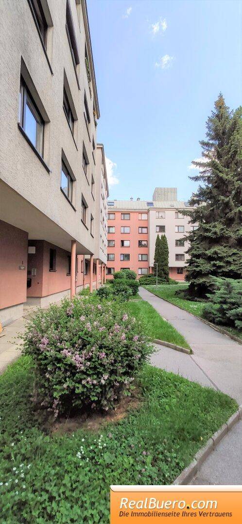 Außenansicht des Wohnkomplexes mit Gehwegen und üppiger Bepflanzung, einladend und grün.