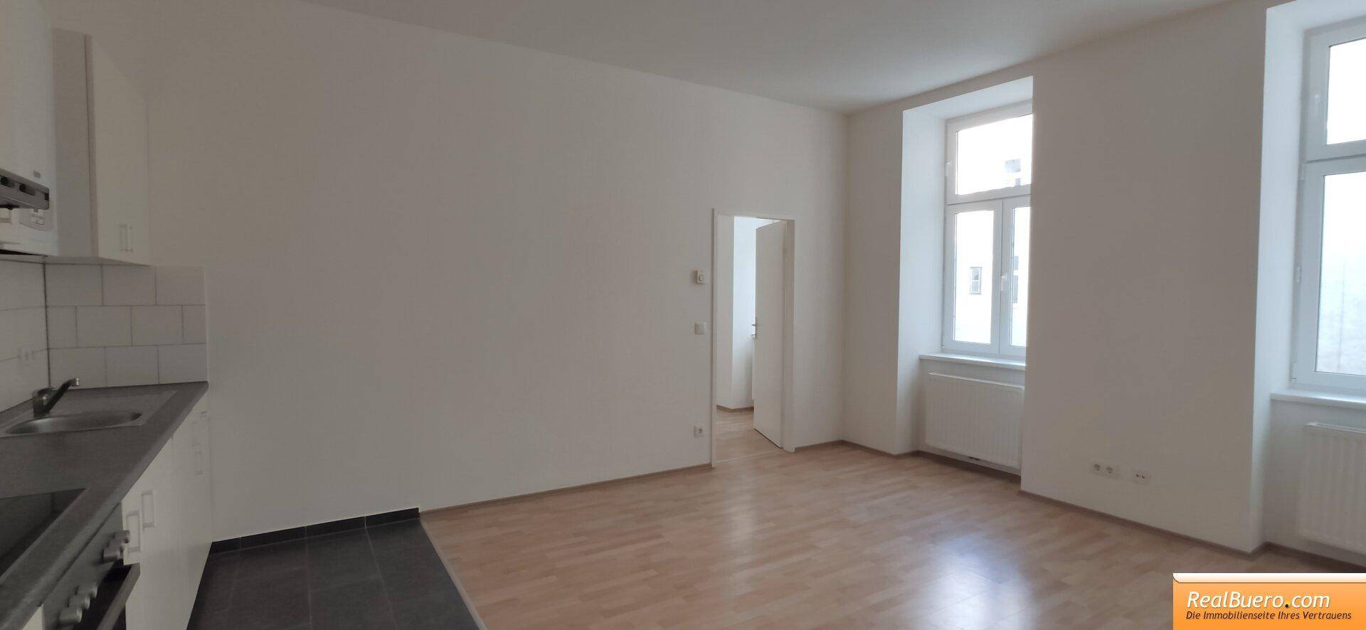 Offener Wohnbereich mit integrierter Küchenzeile und großen Fenstern für viel natürliches Licht.