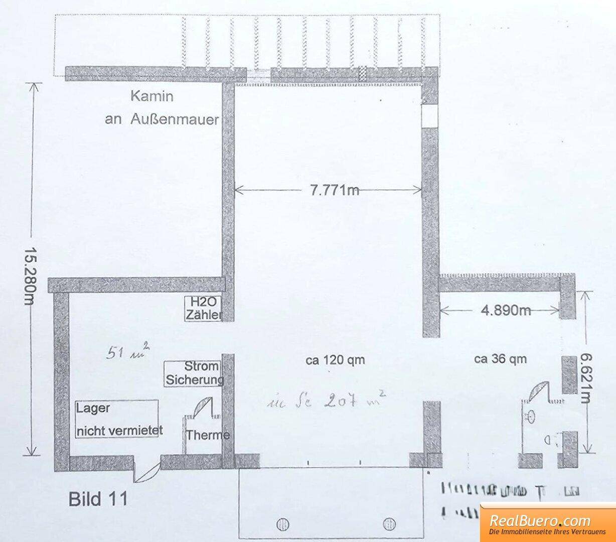 Grundrissplan zeigt die Aufteilung der Gewerbefläche mit Lager und Büros.