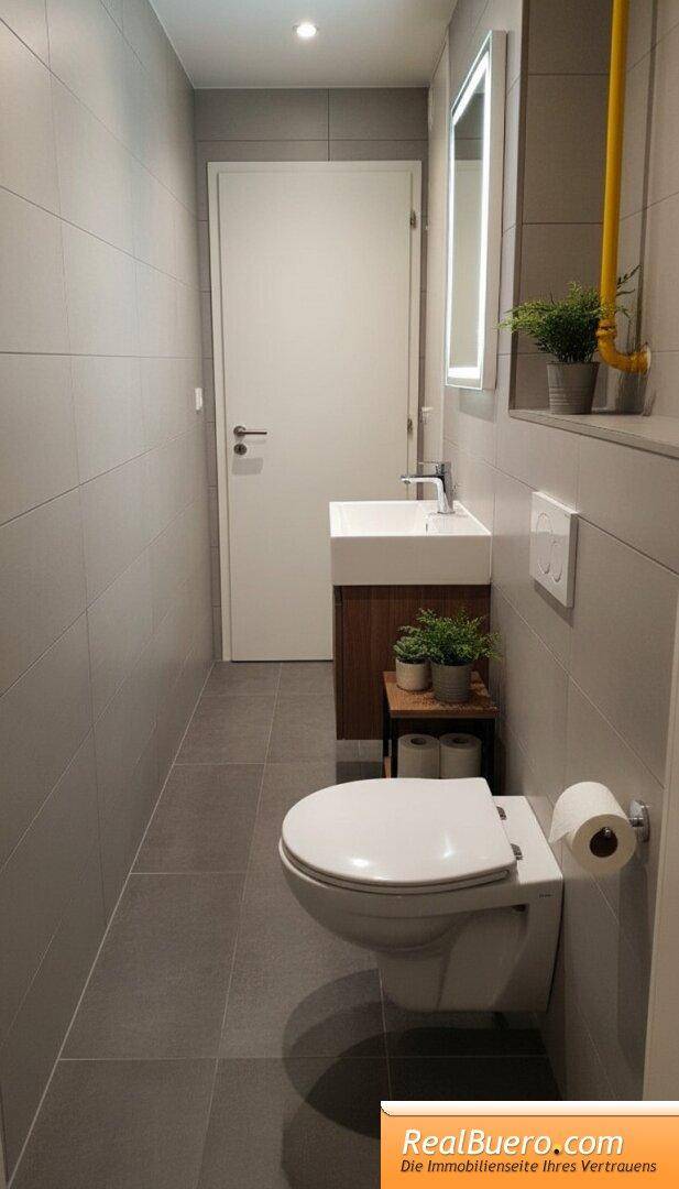 Modernes Badezimmer mit grauen Fliesen, wandhängender Toilette und einem beleuchteten Spiegel.