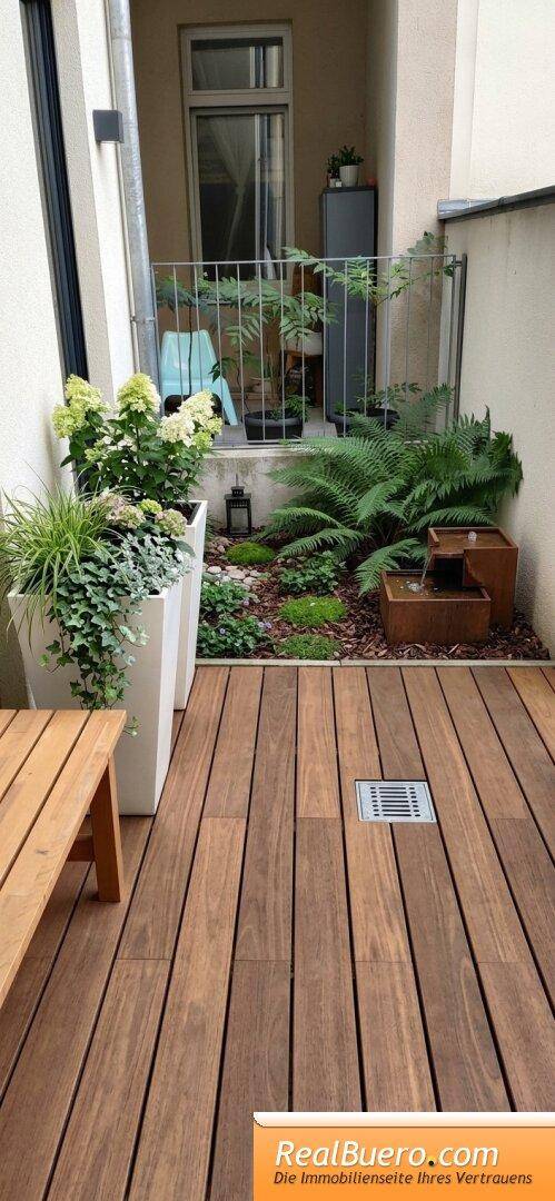 Kleiner, privater Gartenbereich mit Holzdeck, üppigen Pflanzen und einem dekorativen Wasserspiel.