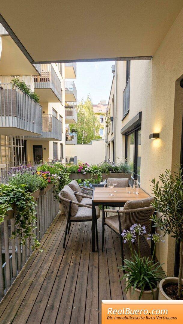 Gemütlicher Balkon mit Holzbelag, Sitzgelegenheiten und Pflanzen, mit Blick auf den Innenhof.