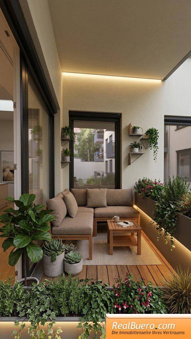 Gemütlicher Balkon mit bequemen Loungemöbeln, Pflanzen und indirekter Beleuchtung für entspannte Abende.