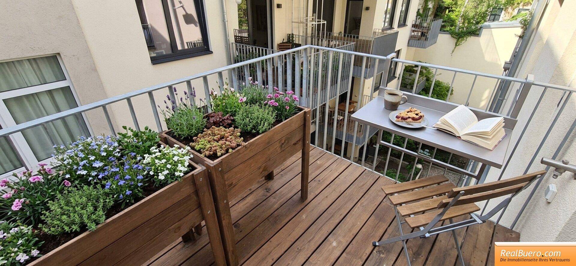 Kleiner Balkon mit Holzboden, Blumenkästen und einem Tisch für gemütliche Momente im Freien.