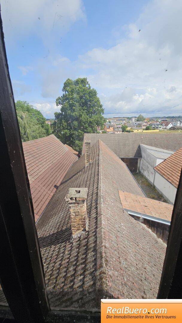 Blick aus einem Fenster über die Dächer der Nachbarschaft und die umliegende Landschaft.