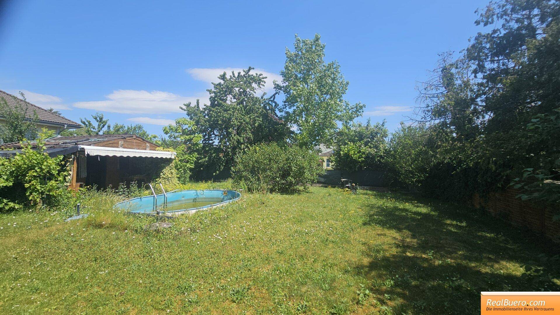 Großer grüner Garten mit einem ovalen Aufstellpool und mehreren alten Bäumen unter blauem Himmel.