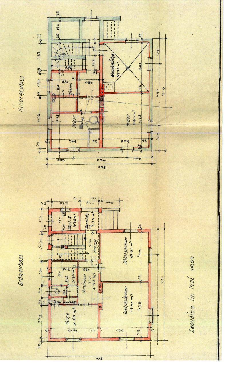 Historischer Grundrissplan des Hauses mit Raumaufteilung und Bemaßungen.