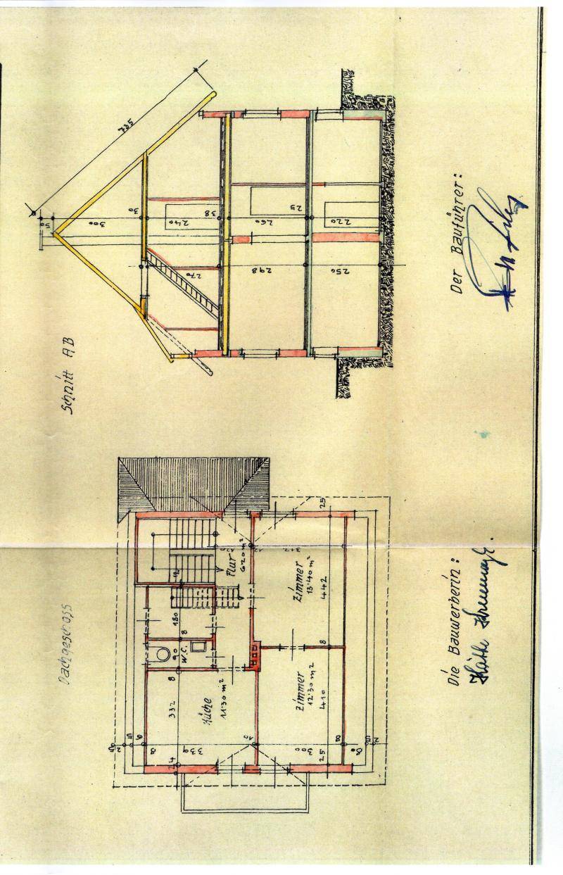 Historischer Grundrissplan und Schnittzeichnung des Hauses mit Details zur Konstruktion.