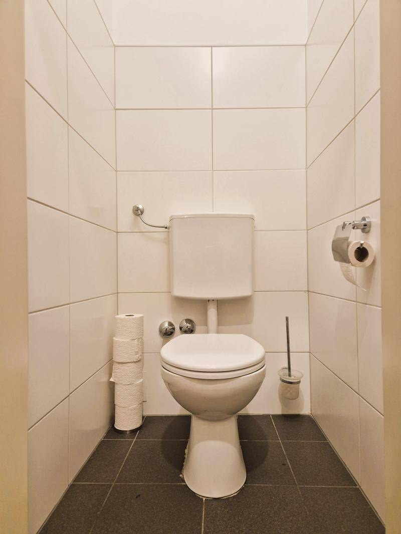 Separates WC mit weißer Toilette, gefliesten Wänden und dunklem Boden.