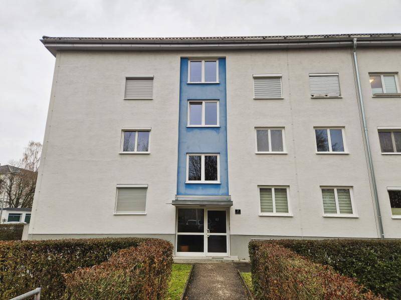 Mehrfamilienhaus mit heller Fassade, blauer Akzentfläche und grüner Hecke im Vorgarten.