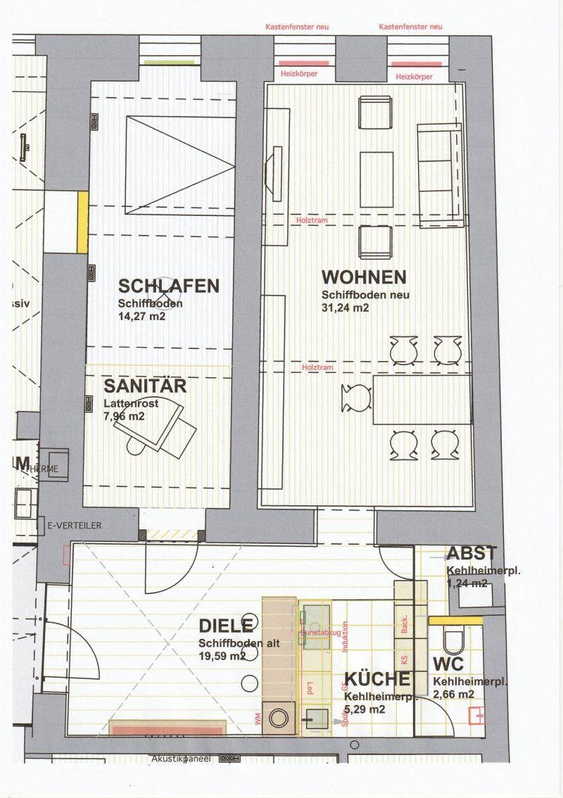 Grundriss einer Wohnung mit Schlafzimmer, Wohnzimmer, Diele, Küche und WC.