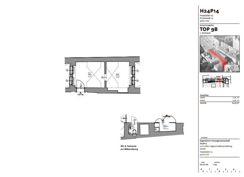 Grundrissplan mit zwei Zimmern, WC und Teeküche zur Mitbenutzung sowie Lageplan.