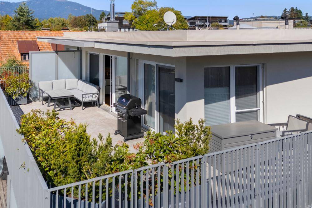 Großzügige Dachterrasse mit Sitzgelegenheiten, Grill und Pflanzen in modernen Pflanzkübeln.