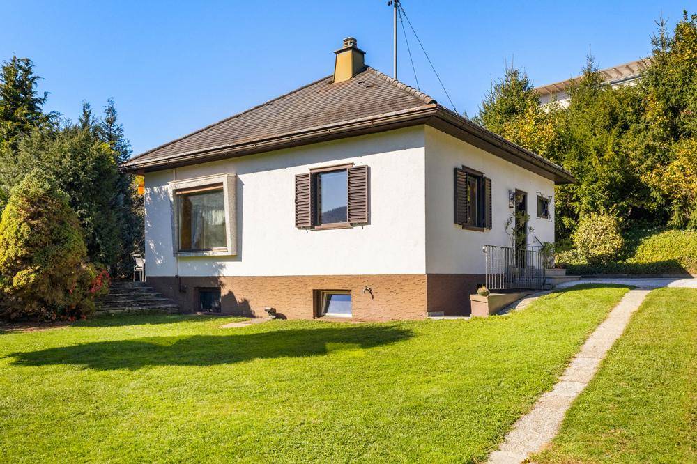 Seitenansicht des Einfamilienhauses mit gepflegtem Garten und traditionellen Fensterläden.