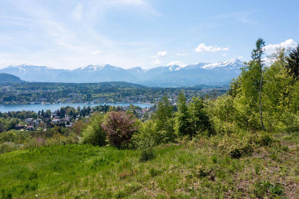 Idyllischer Fernblick auf einen glitzernden See, umgeben von Wäldern und majestätischen Bergen.