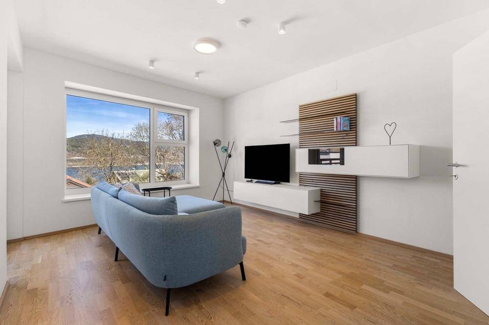 Gemütliches Wohnzimmer mit modernem Mediencenter und weitem Blick auf den See.