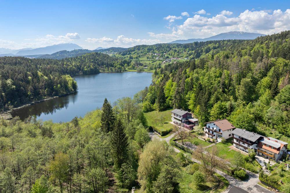 Malerische Luftaufnahme eines Sees, umgeben von Wäldern und Bergen, mit Häusern am Ufer.