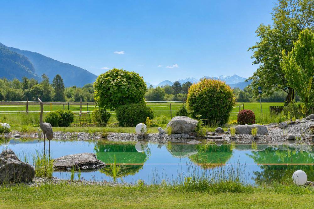 Ruhiger Gartenteich umgeben von üppigem Grün mit Blick auf ferne Berggipfel.
