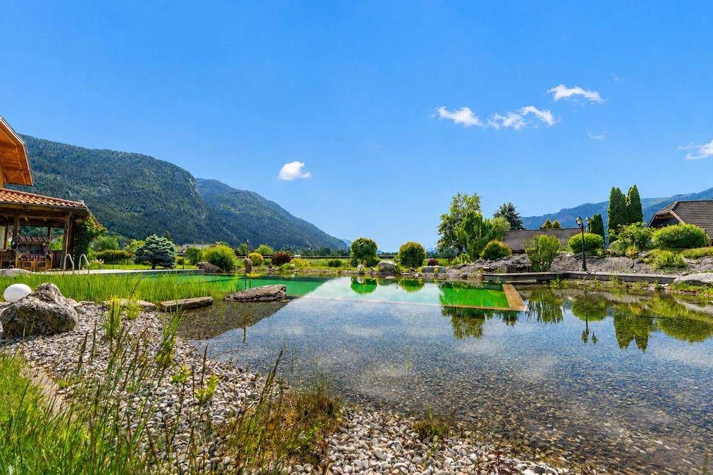 Großzügiger Naturpool und Teichanlage im Garten mit weitem Blick auf die Berglandschaft.