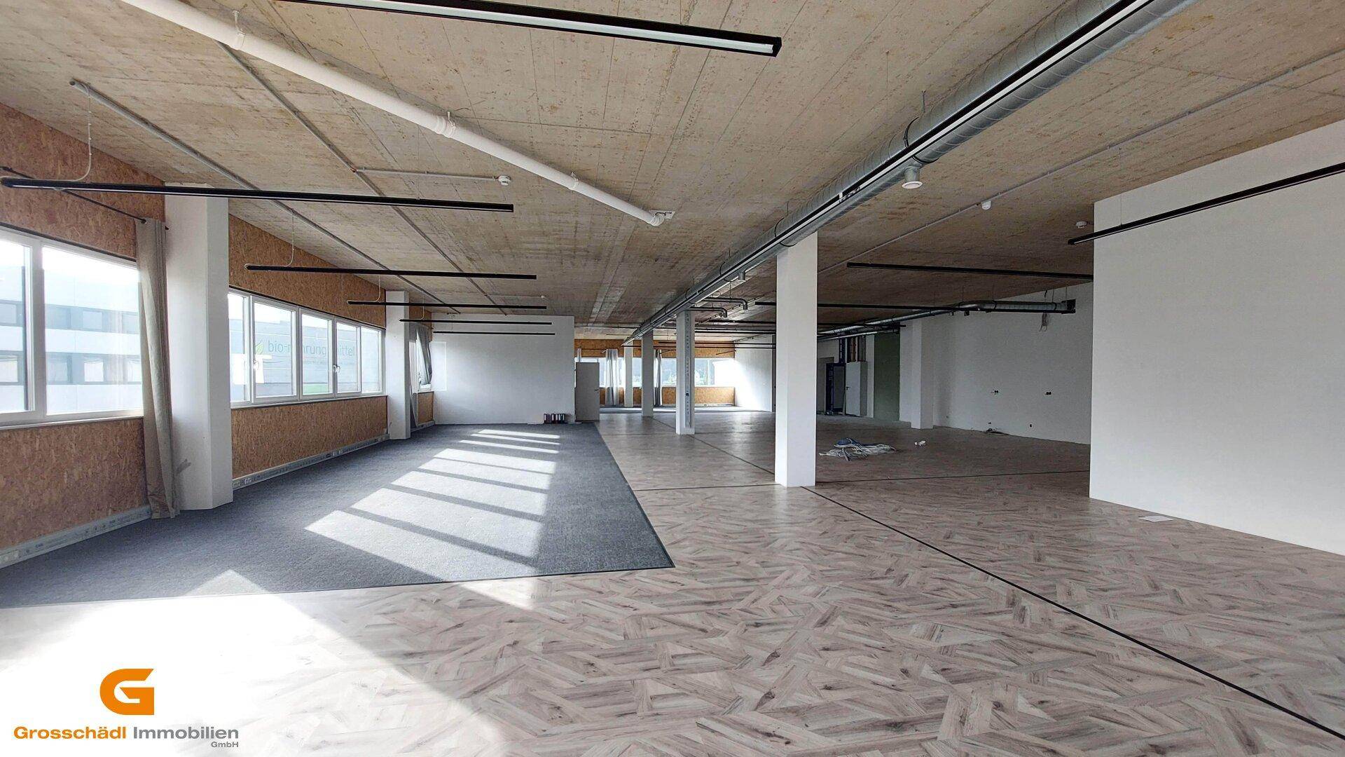 Leerer Büroraum mit großen Fenstern, unterschiedlichen Bodenbelägen und einer Holzpaneeldecke.