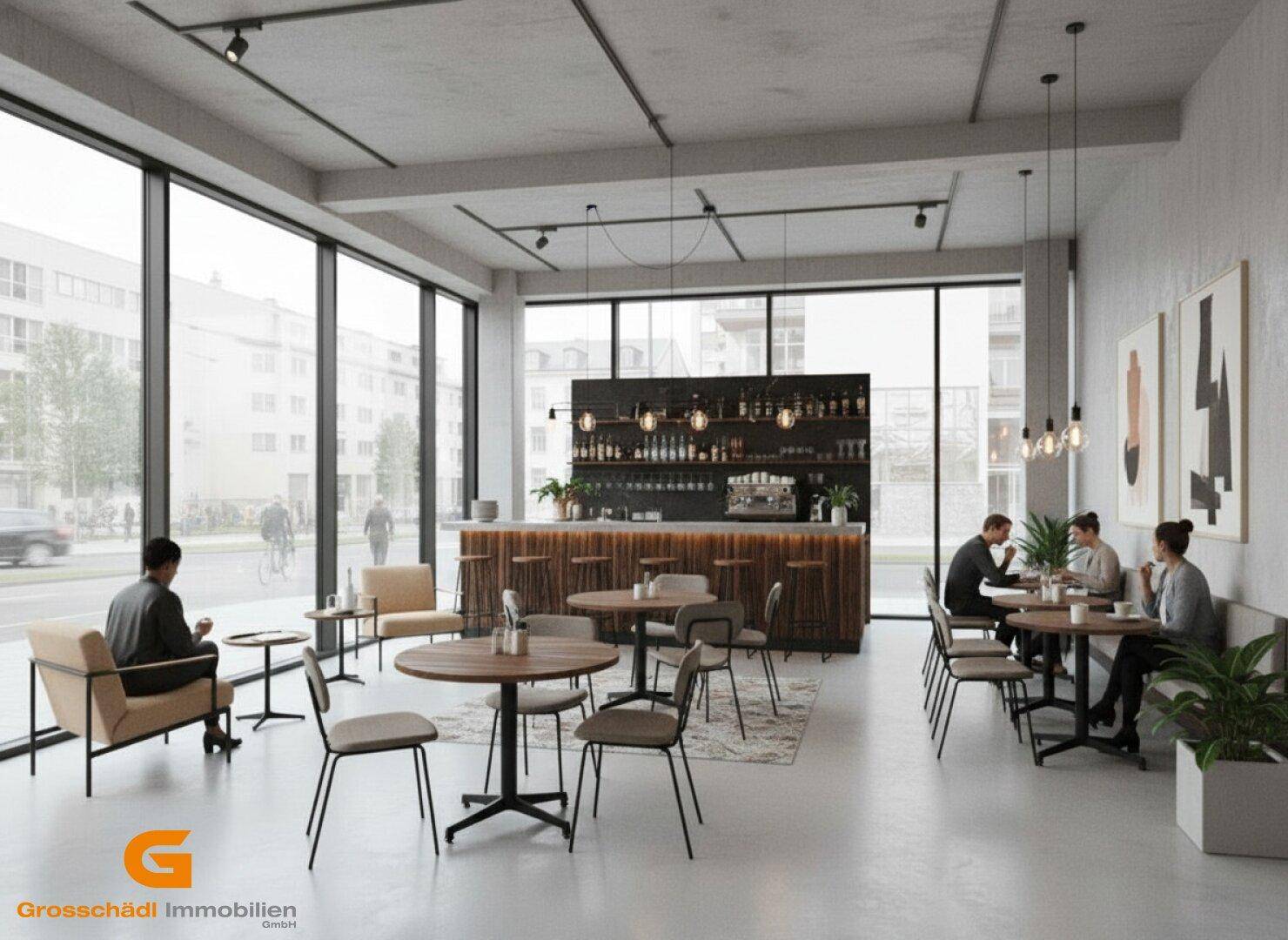 Modernes Gewerbeobjekt mit großen Glasfronten, einer stilvollen Bar und verschiedenen Sitzbereichen.