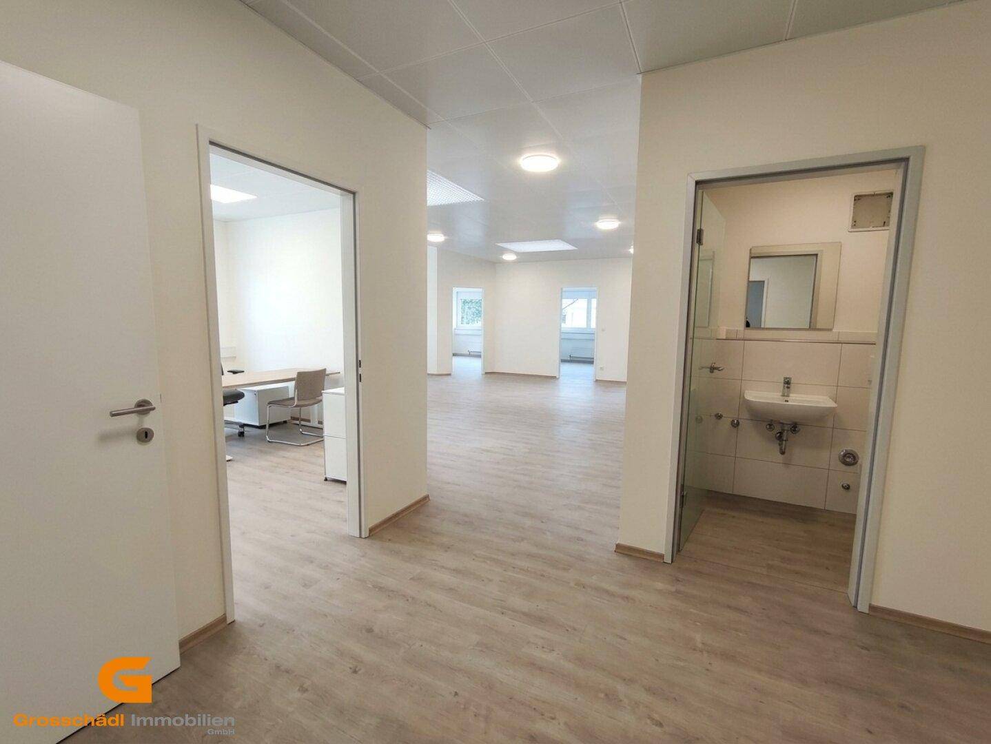 Flur mit Zugang zu einem Büro und einem einfachen Badezimmer mit Waschbecken.