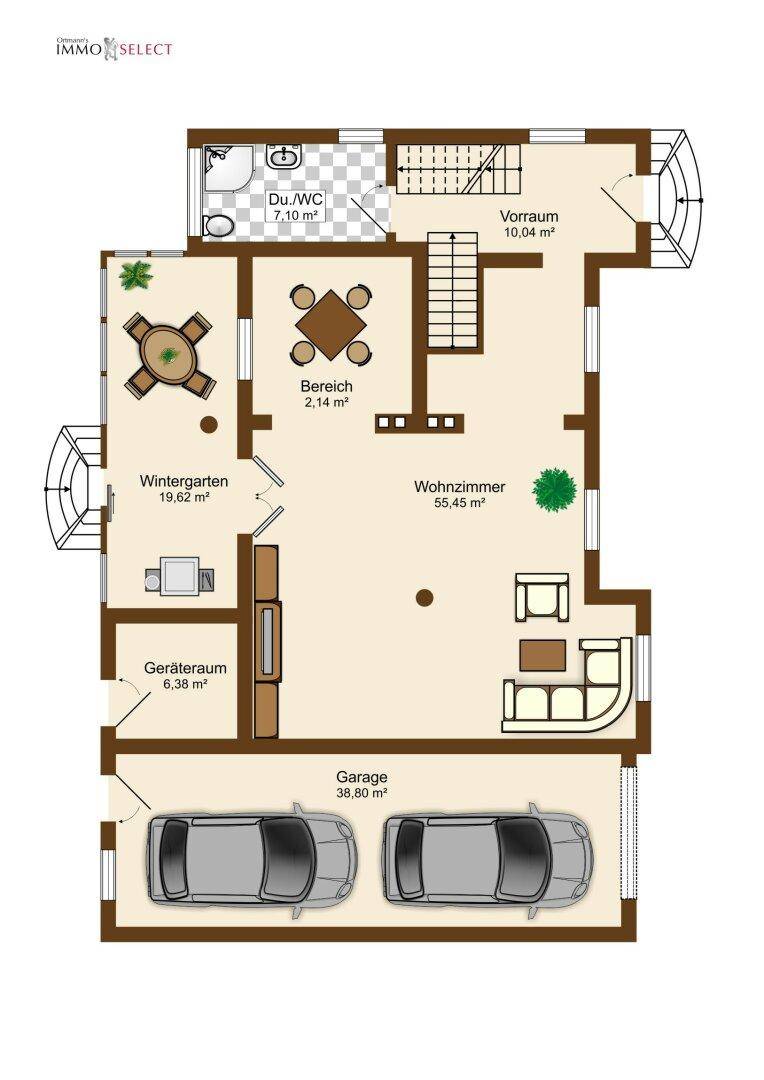 Grundriss des Erdgeschosses mit Wohnzimmer, Wintergarten, Garage und separatem Dusch-WC.