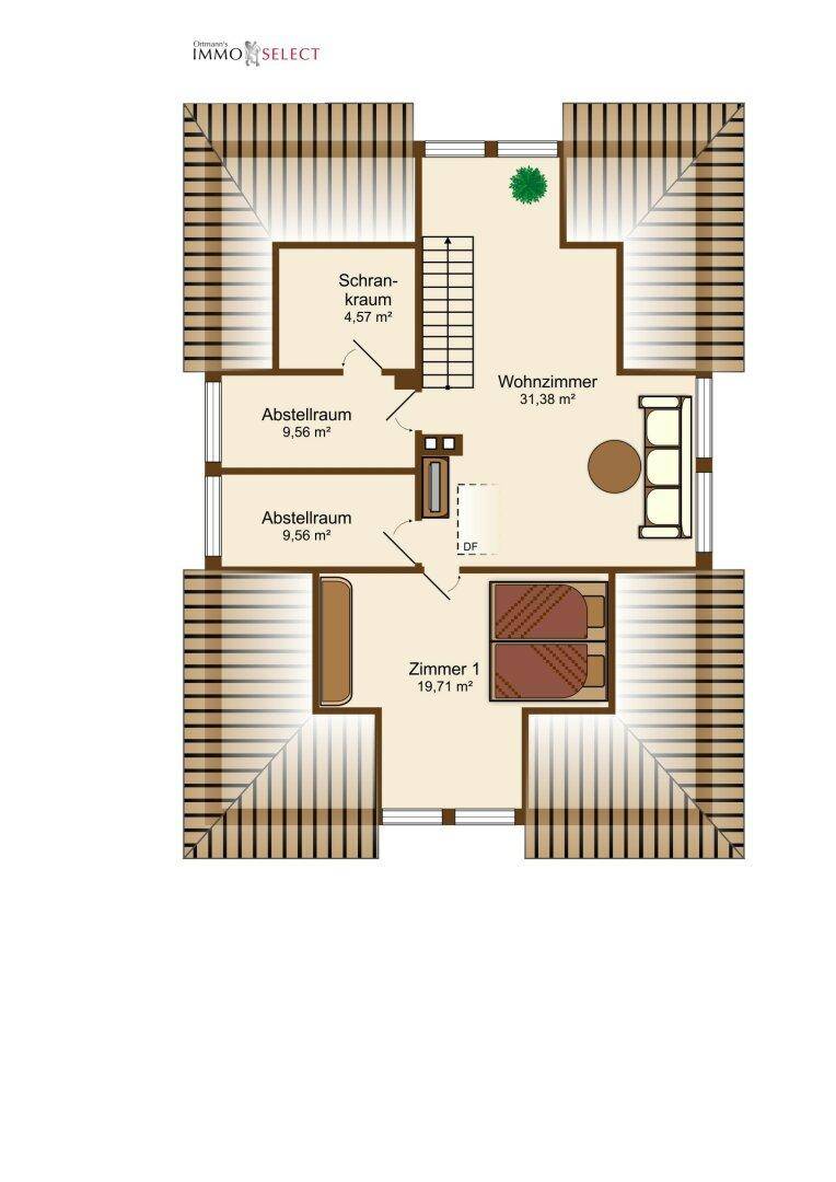 Grundriss des Dachgeschosses mit Wohnzimmer, Schlafzimmer und praktischen Abstellräumen.