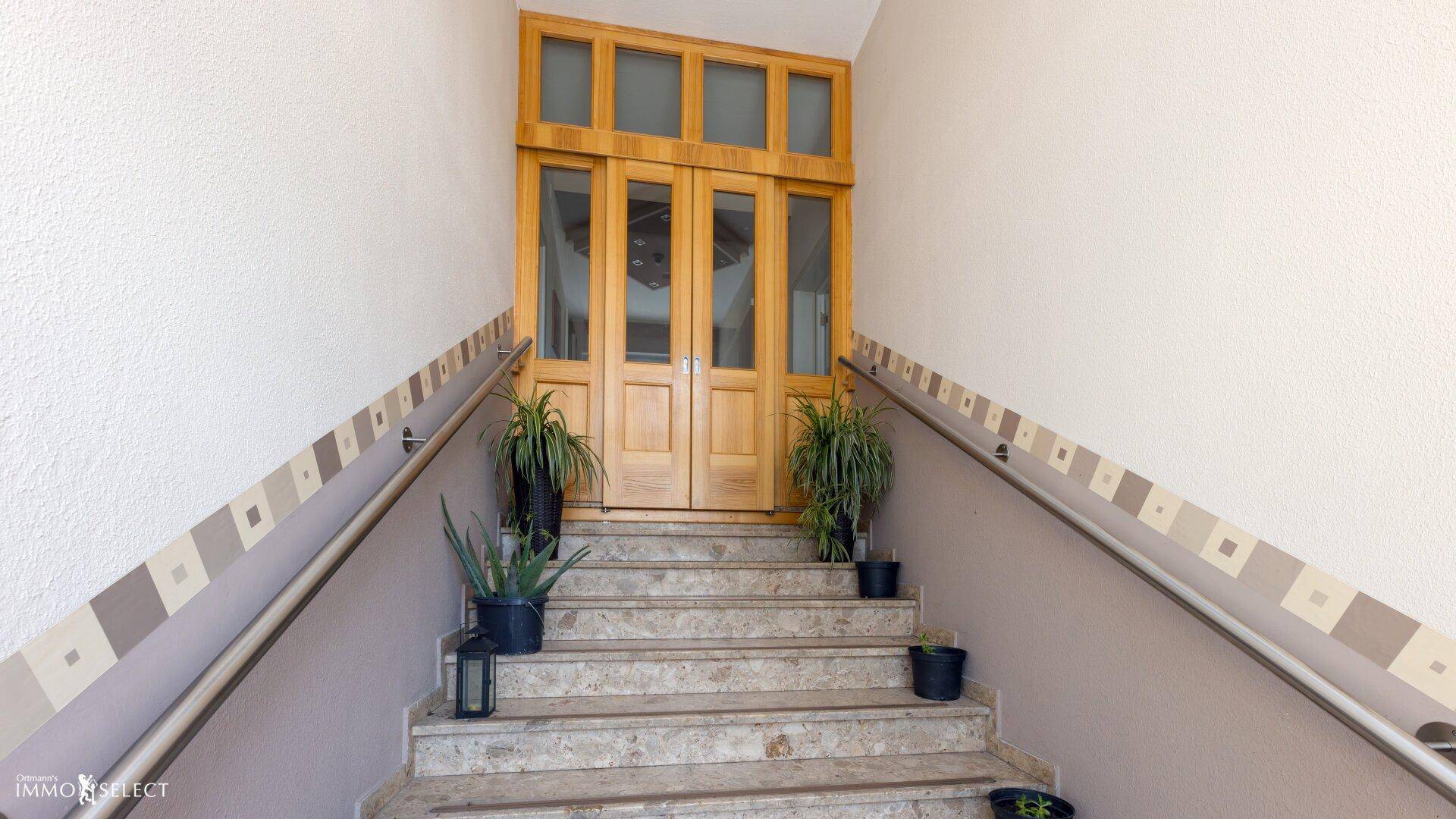 Eingangsbereich mit Steintreppe, Holzportal und Pflanzen als Dekoration.
