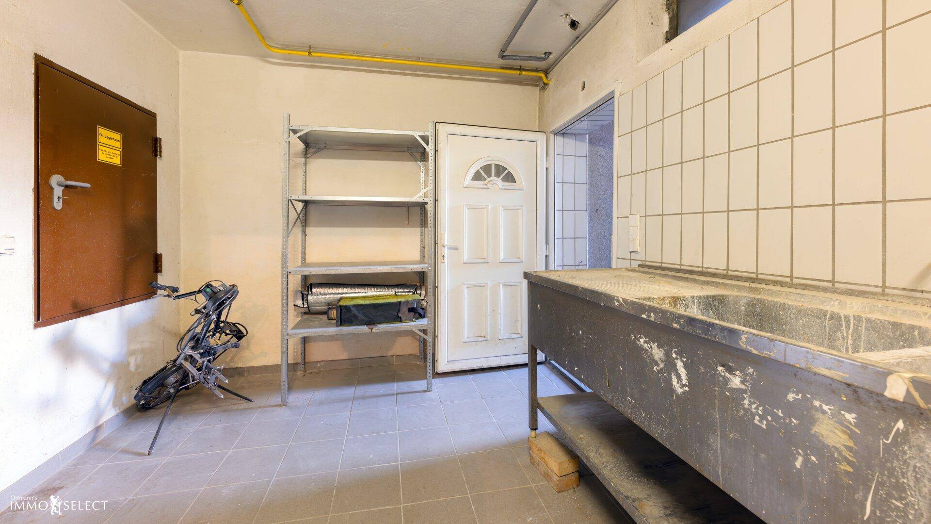 Geräumiger Hauswirtschaftsraum mit Waschbecken, Regalen und Fliesenboden, ideal für Lagerung und Arbeit.