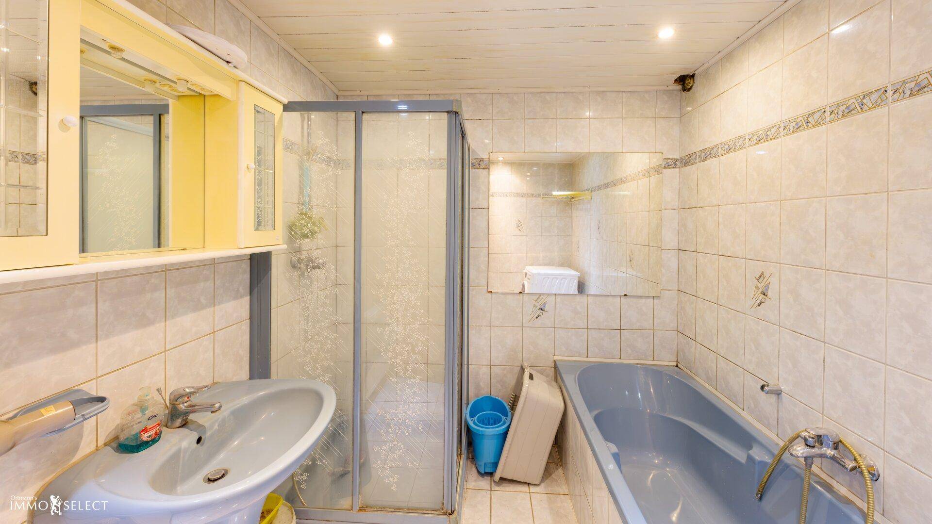 Badezimmer mit Badewanne, Duschkabine und hellen Fliesen im traditionellen Stil, funktional und geräumig.